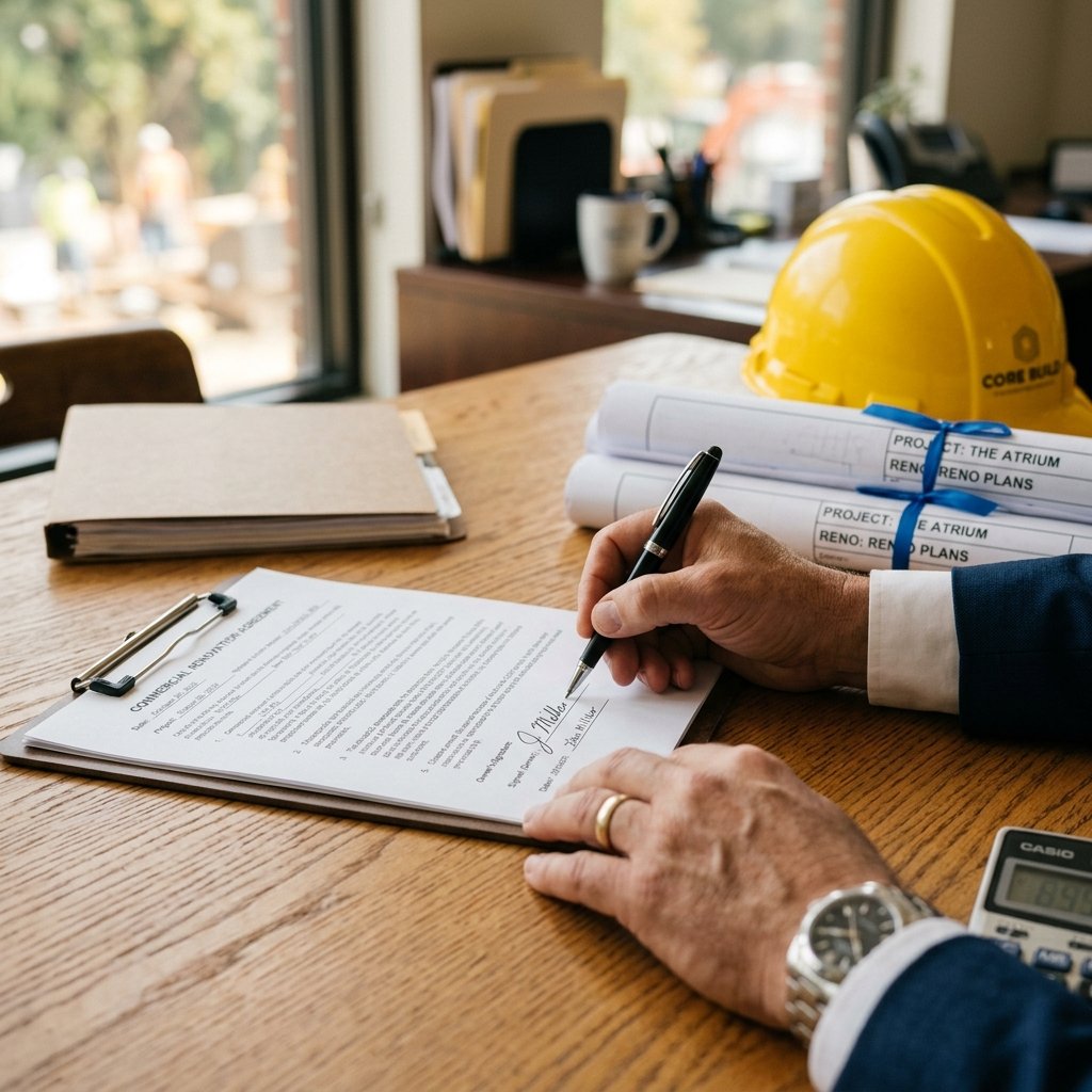 Close-up of a business owner signing a written commercial renovation contract on a clipboard with hard hat and architectural drawings nearby
