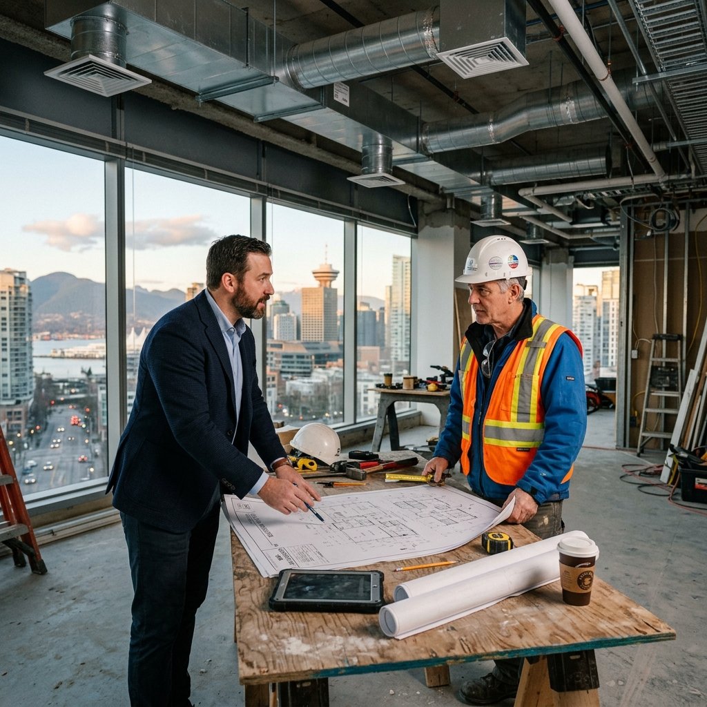 Vancouver business owner reviewing commercial renovation blueprints with a licensed general contractor inside a half-renovated office space