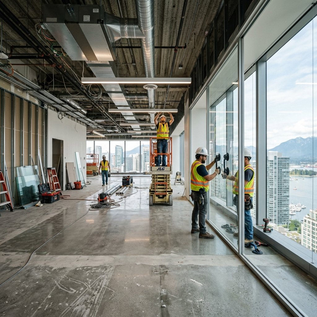 Vancouver commercial office mid-renovation showing exposed HVAC, glass partitions being installed, and downtown Vancouver skyline through floor-to-ceiling windows