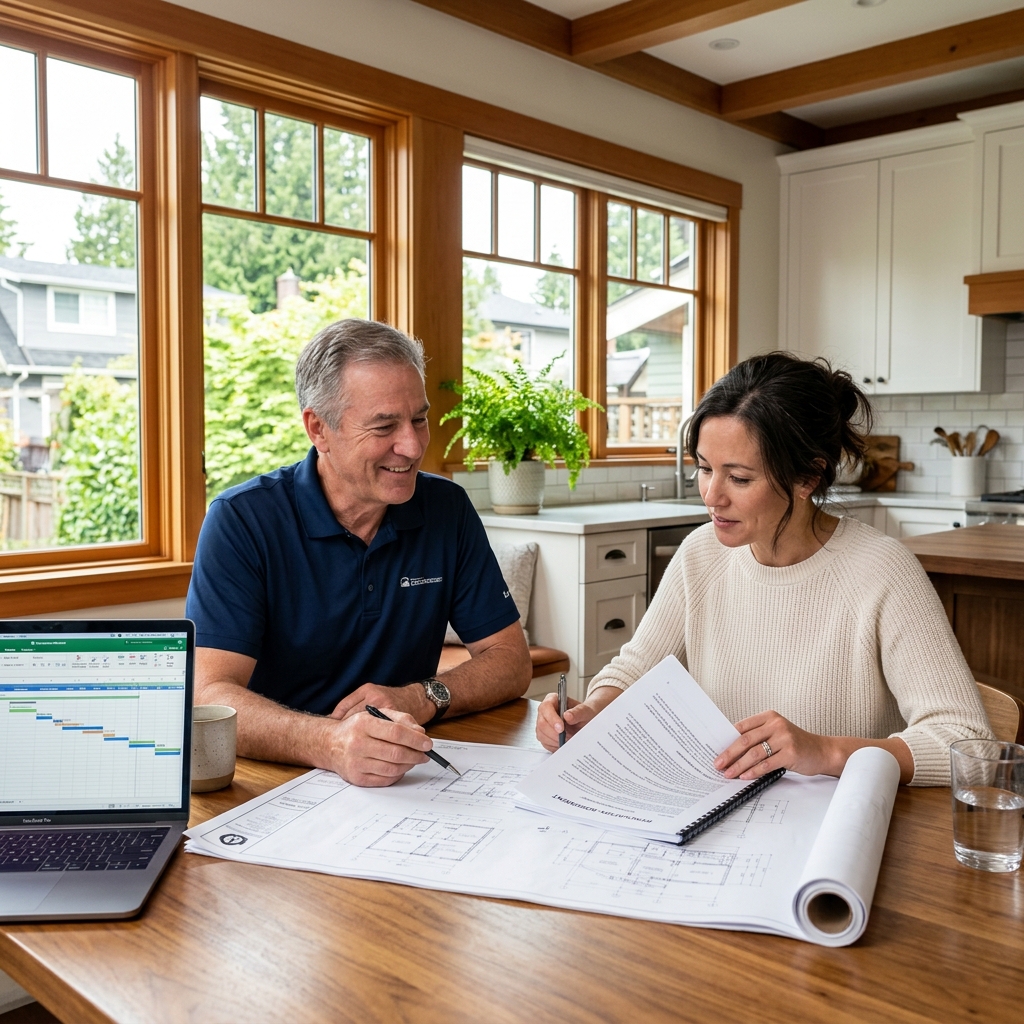 Vancouver homeowner reviewing renovation contract with a licensed general contractor at a kitchen table