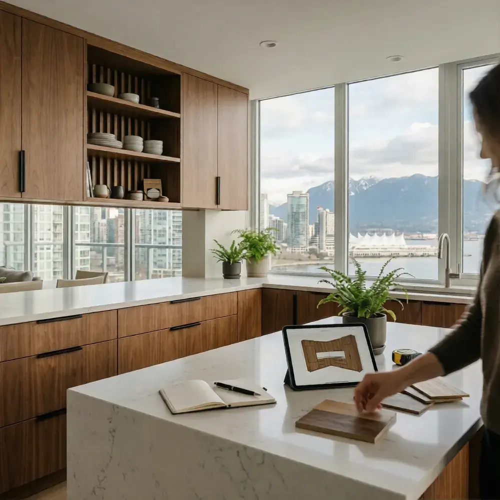 Custom cabinetry in a Vancouver character home kitchen — floor-to-ceiling white shaker cabinets with rift-cut white oak island by DELANA Interiors