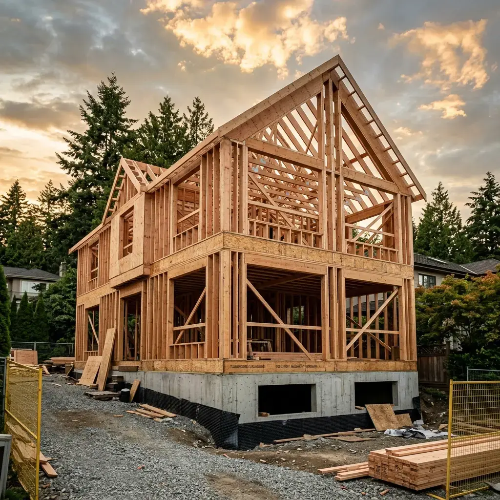 Custom home under construction in Vancouver BC showing wood framing — DELANA Interiors