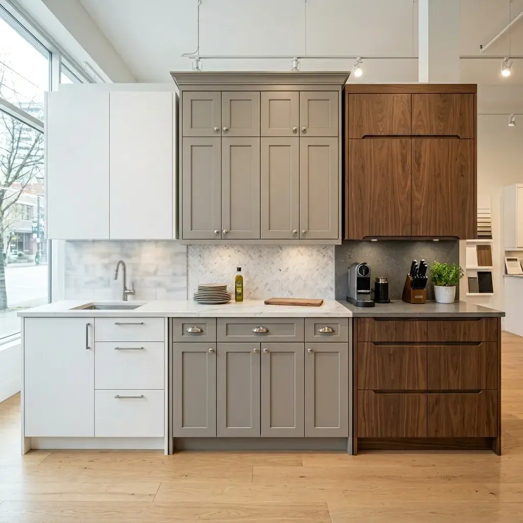 Three styles of kitchen cabinets in a Vancouver showroom — stock, semi-custom, and custom cabinetry
