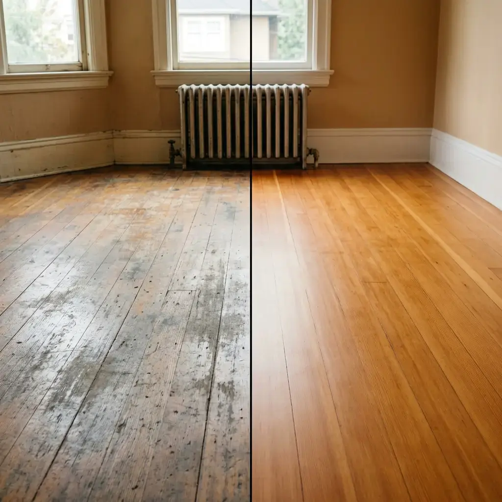 Before and after hardwood floor refinishing in Vancouver — worn grey Douglas Fir boards restored to warm honey-amber finish