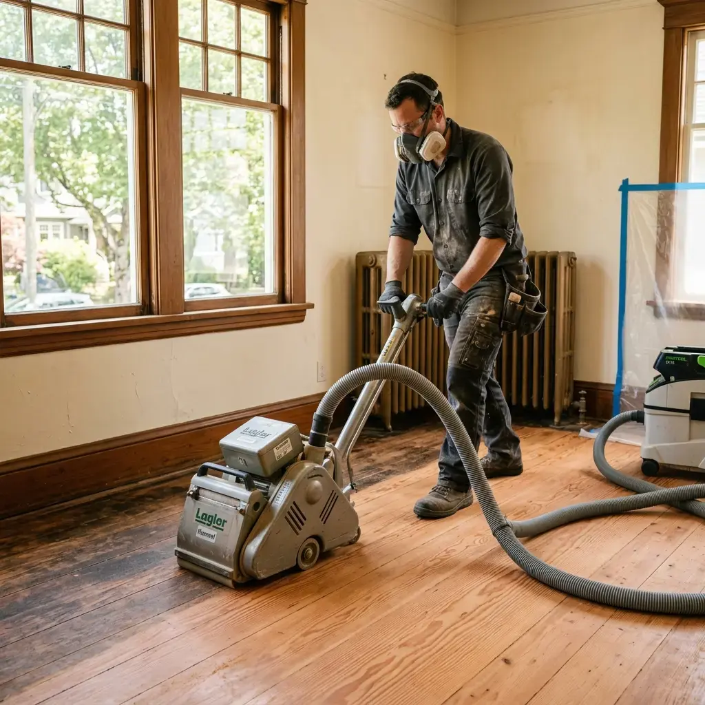 Professional hardwood floor refinishing in Vancouver — dustless sanding on a character home oak floor