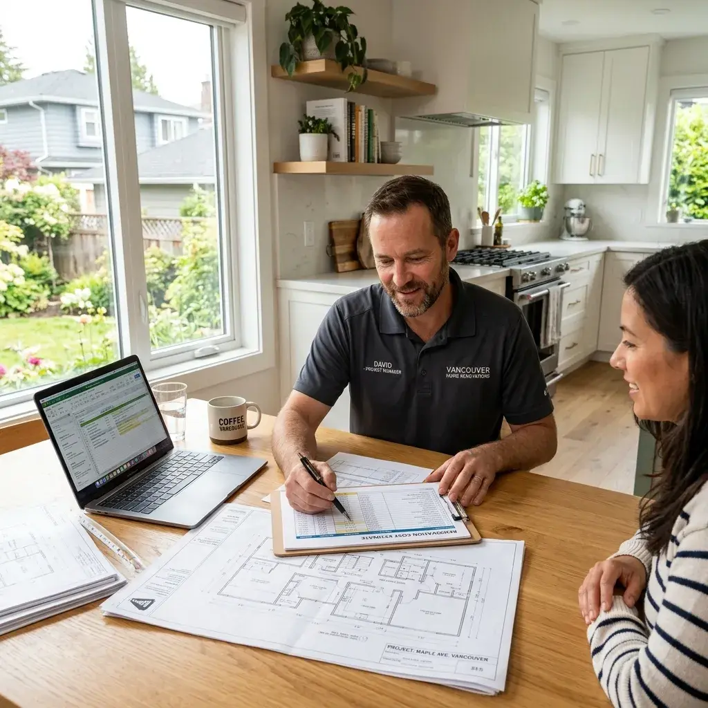 General contractor reviewing kitchen renovation budget with a Vancouver homeowner