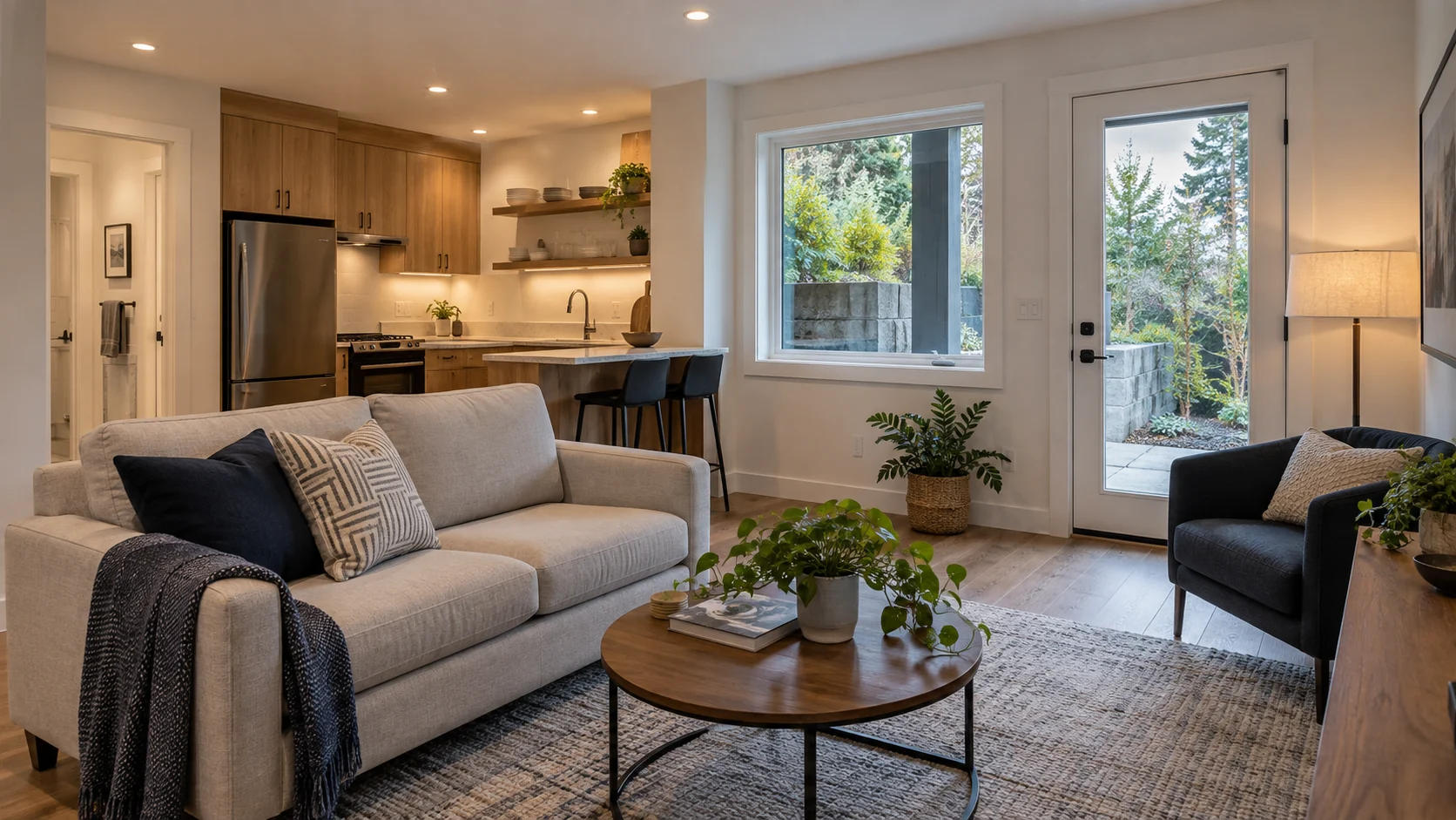 Illustrative legal basement suite in North Vancouver with a living area, kitchenette, window and exterior door