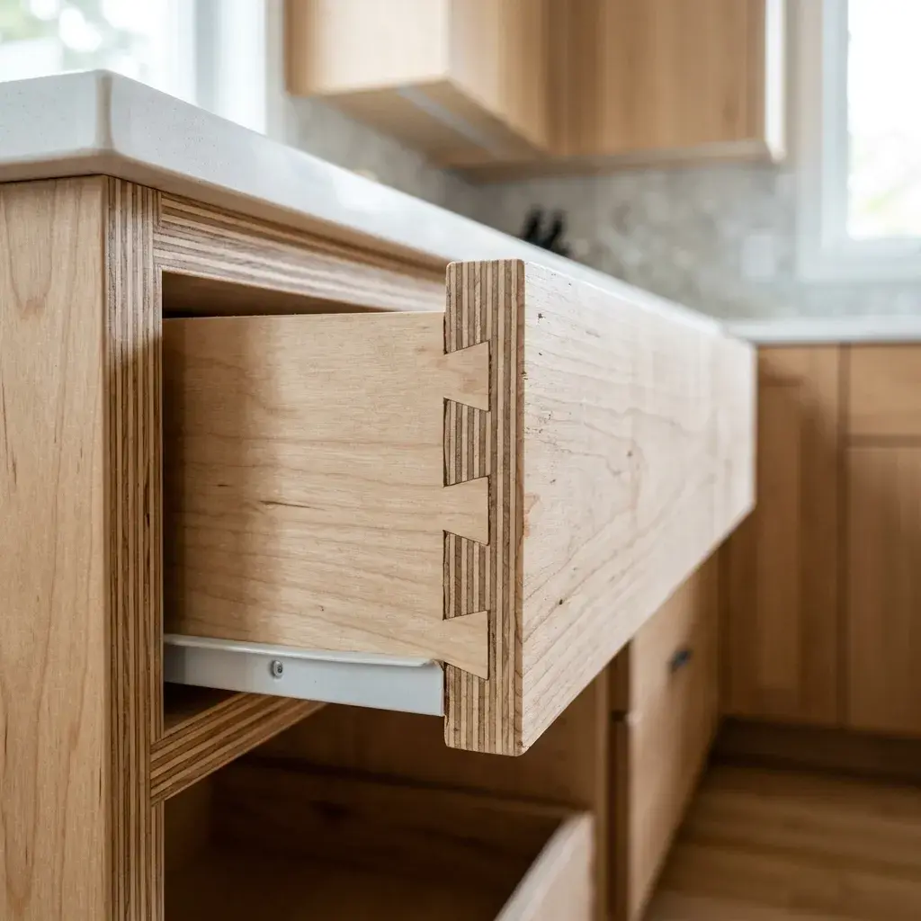 Plywood box carcass construction for custom cabinetry in Vancouver — showing dovetail drawer box and solid wood face frame