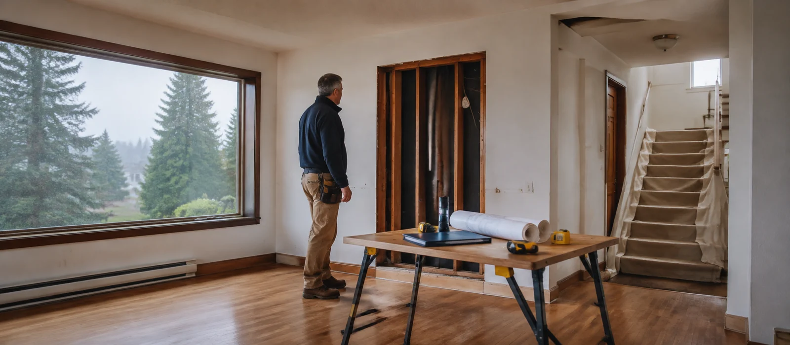 Contractor inspecting an opened wall before renovating an old house in North Vancouver