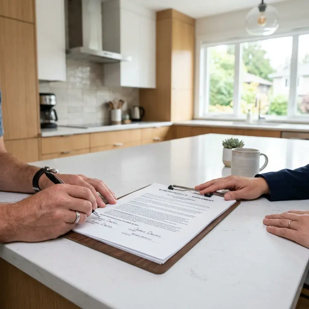 Homeowner signing a written renovation contract with a Vancouver contractor