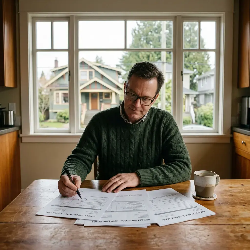 Homeowner reviewing renovation quotes in a Vancouver character home kitchen