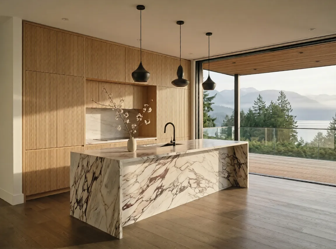 Home renovation Vancouver project by DELANA Interiors — luxury Pacific Northwest kitchen with white oak cabinetry, Calacatta Viola marble island, and North Shore mountain views