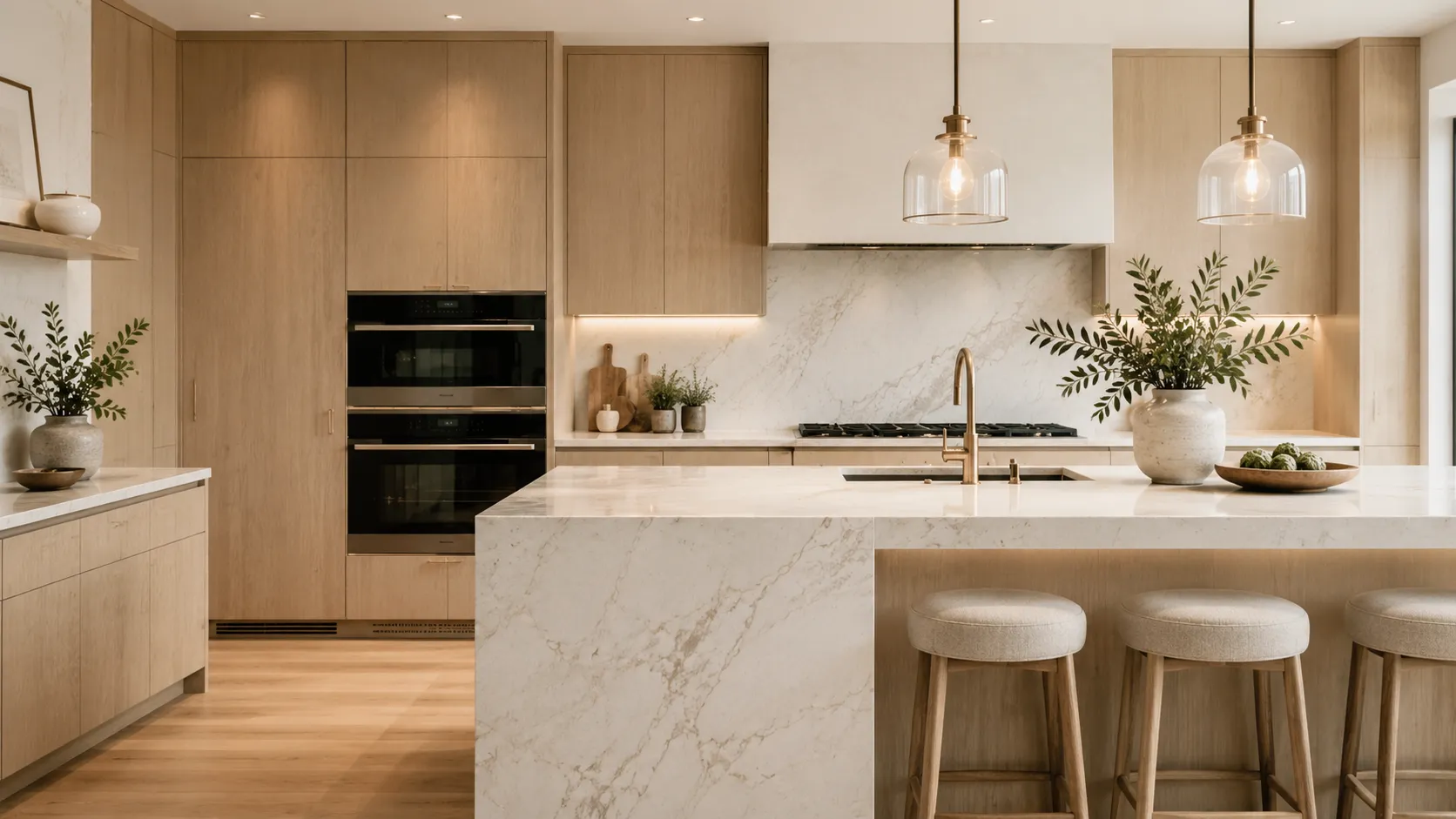 Home renovation Vancouver project by DELANA Interiors — luxury kitchen with white oak cabinetry, marble waterfall island, brass fixtures, and pendant lighting