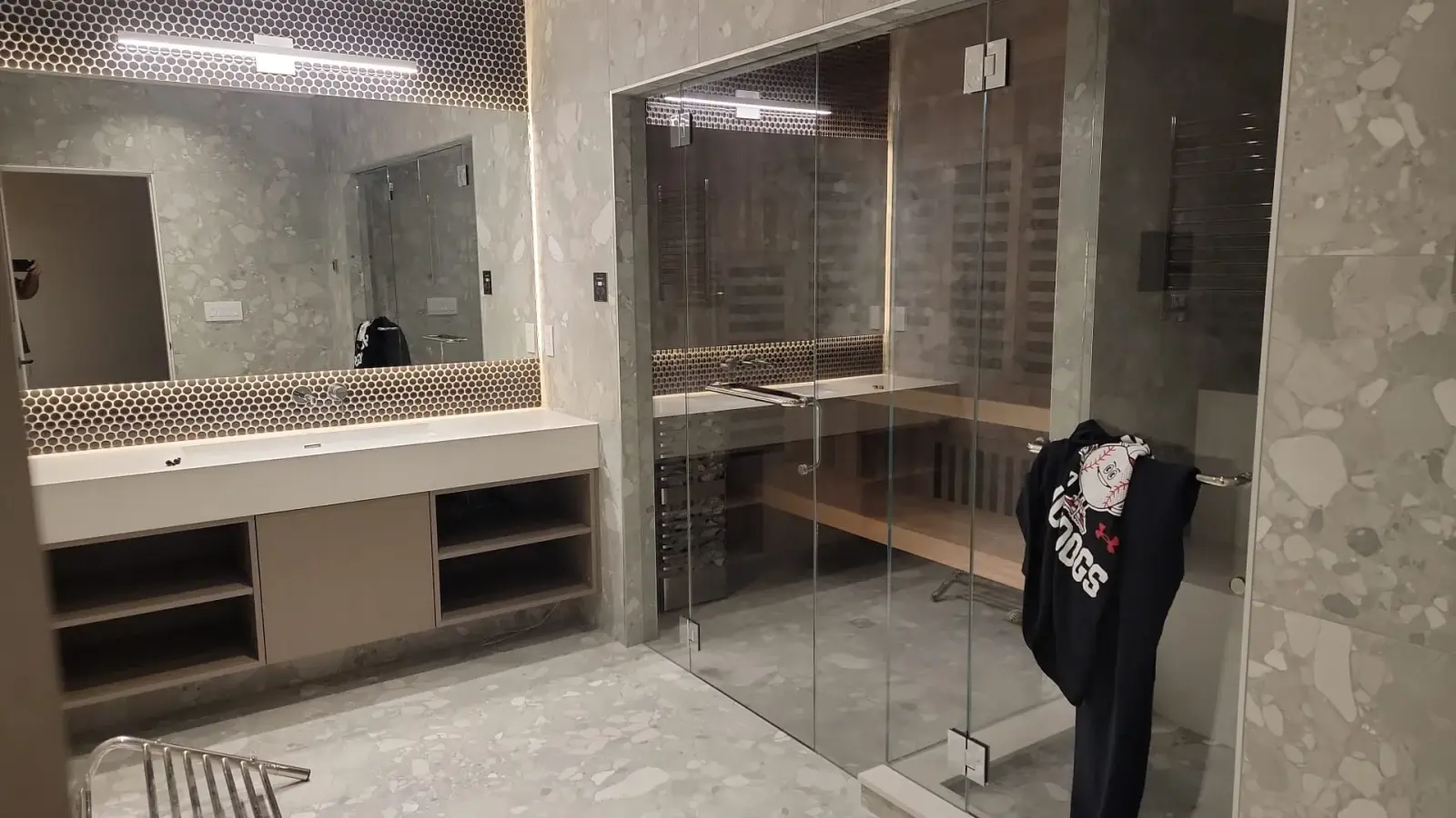 Bathroom renovation Vancouver — luxury terrazzo tile and glass shower by DELANA Interiors