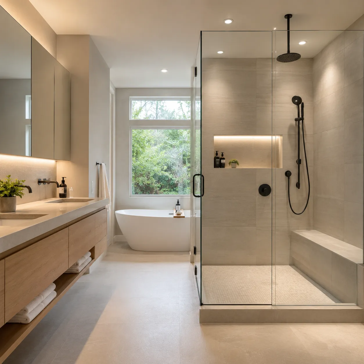 Bathroom renovation Vancouver — luxury walk-in shower with frameless glass and custom tile by DELANA Interiors