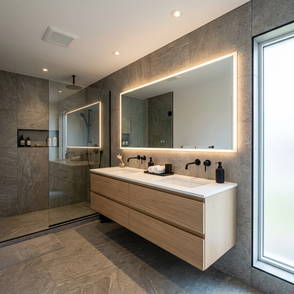 Renovated condo bathroom in Coal Harbour — floating vanity and backlit LED mirror by DELANA Interiors