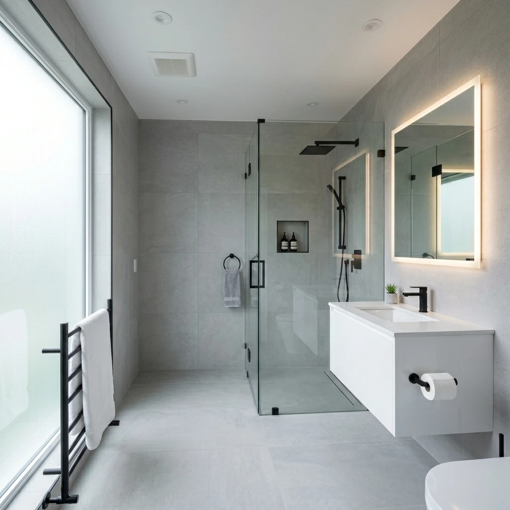 Renovated condo bathroom in Yaletown — large format tile and frameless glass shower by DELANA Interiors