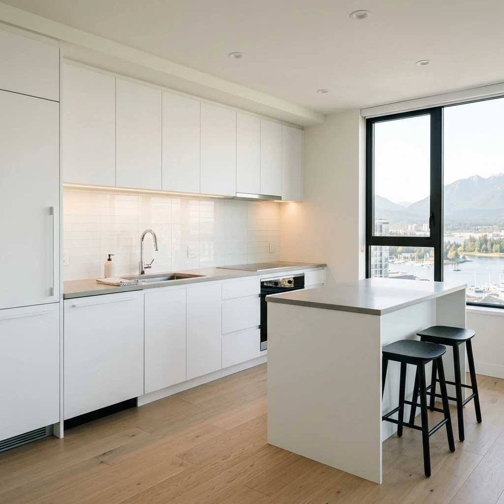 Renovated Coal Harbour condo kitchen with integrated appliances and quartz countertops — DELANA Interiors
