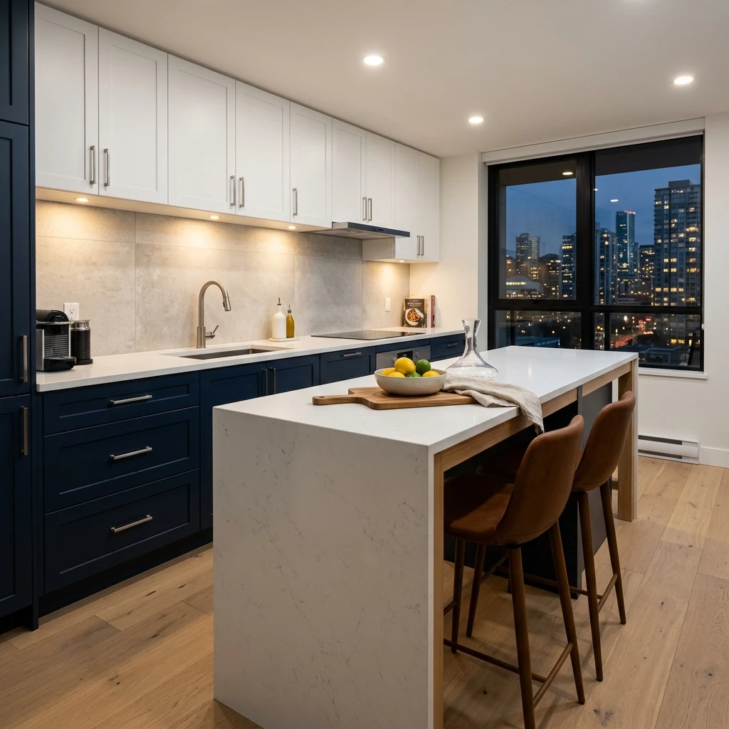 Renovated Yaletown condo kitchen with navy cabinetry and waterfall quartz island — DELANA Interiors