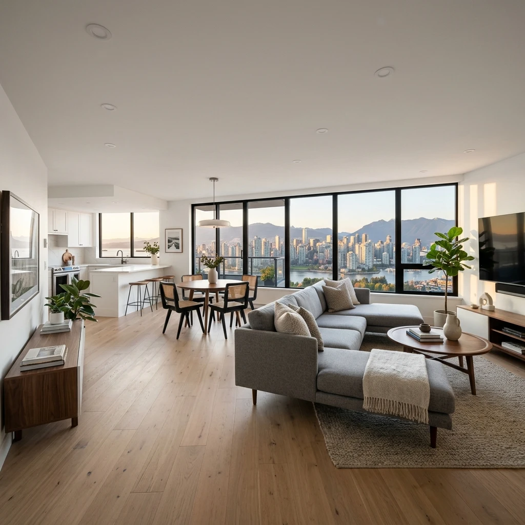 Open-concept living and dining area after condo renovation in Yaletown — DELANA Interiors Vancouver