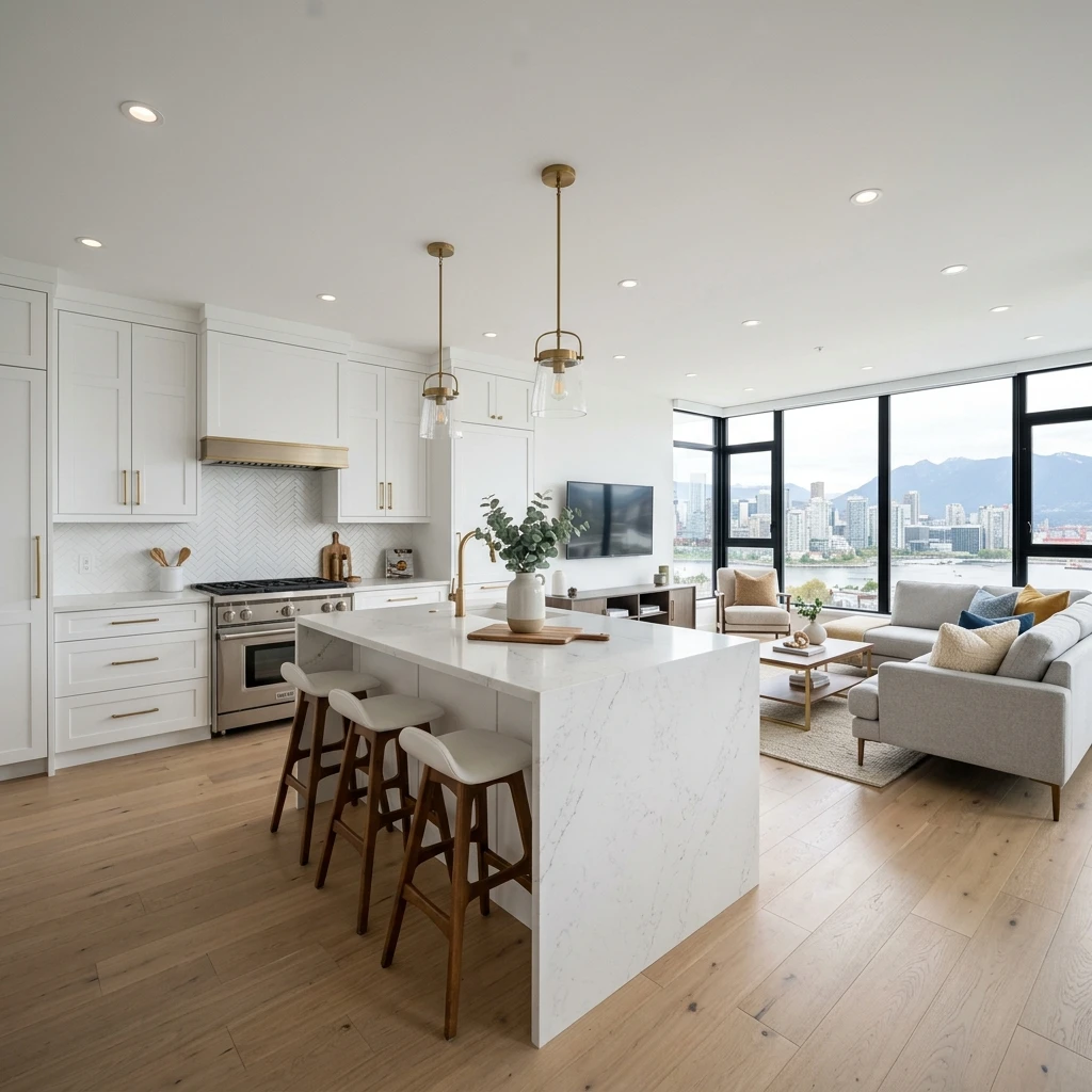Renovated open-concept condo kitchen and living area in Vancouver by DELANA Interiors