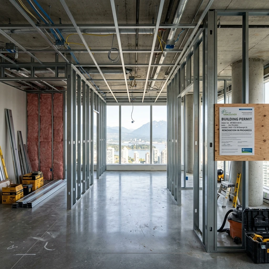 Condo renovation in progress in Vancouver — professional framing and rough-in stage by DELANA Interiors