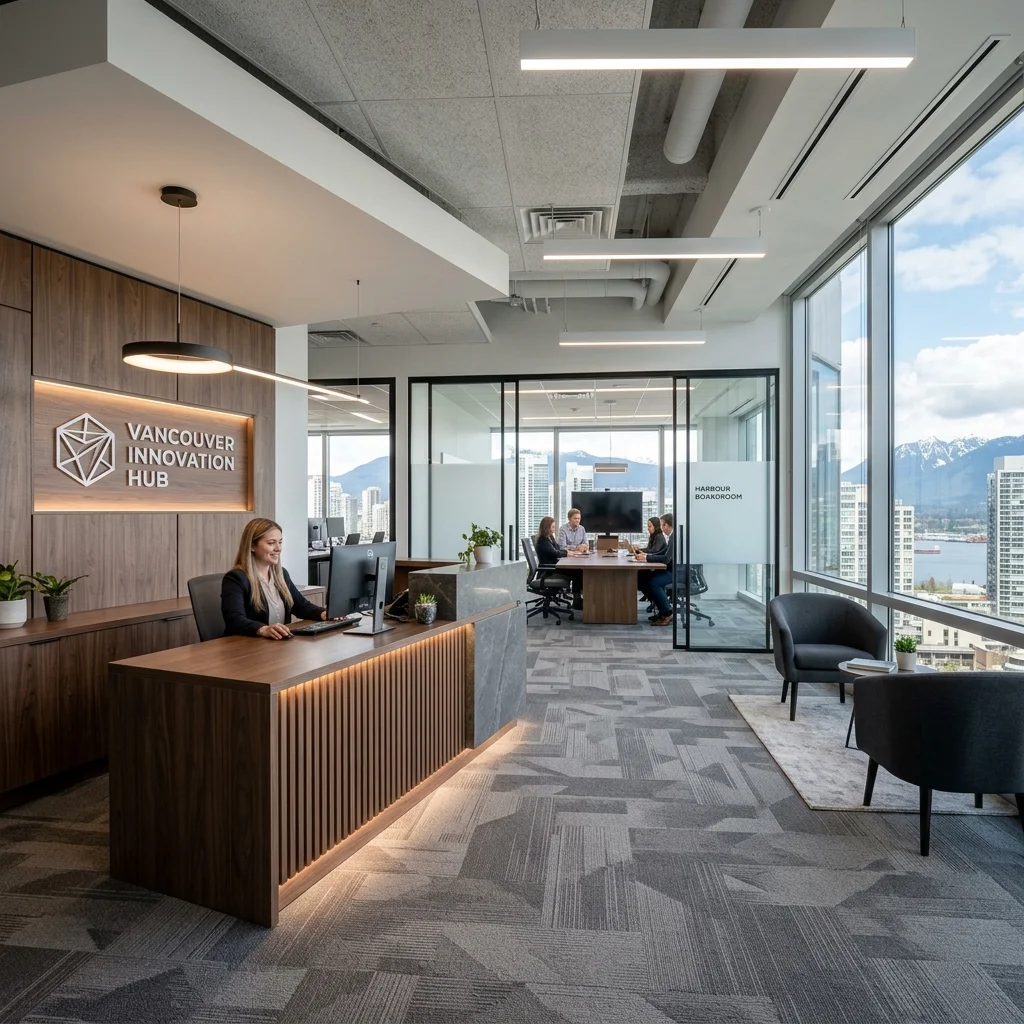 Office renovation in Vancouver — modern open-plan workspace with glass boardroom by DELANA Interiors