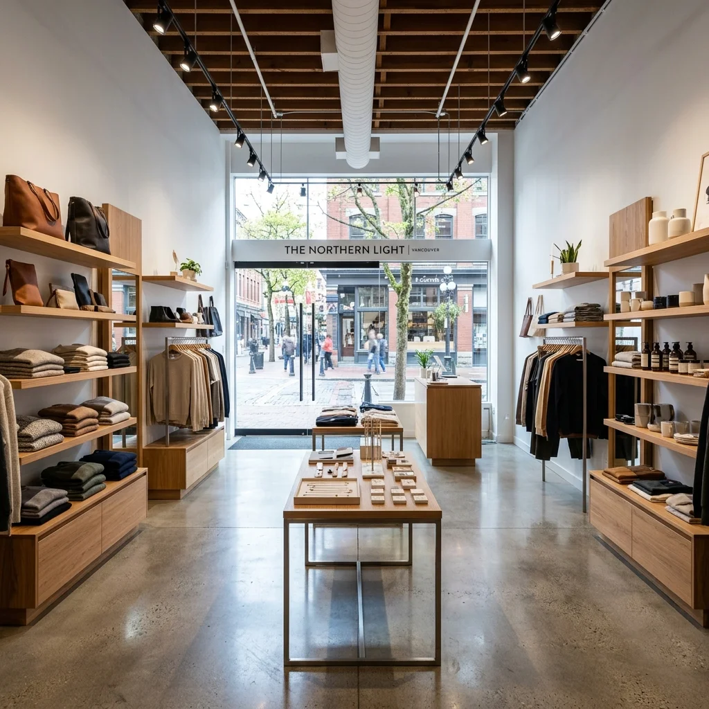 Retail store renovation in Vancouver — custom display shelving and feature lighting by DELANA Interiors
