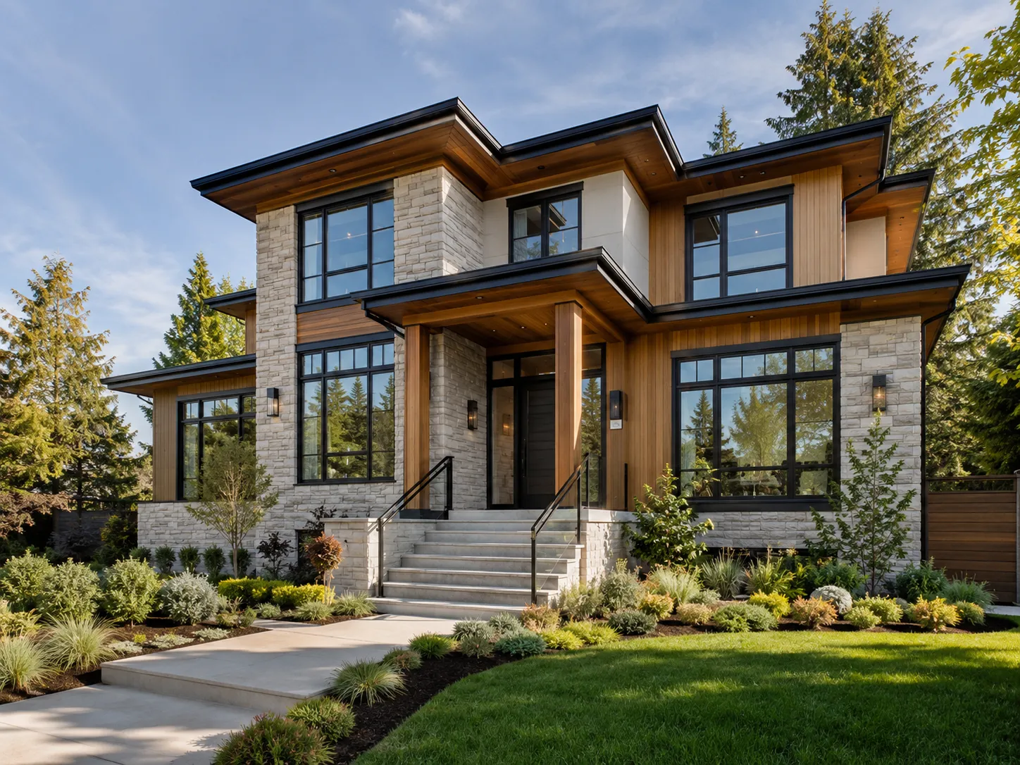 Modern stone and timber custom home exterior built by DELANA Interiors — licensed home builder Vancouver BC since 1981