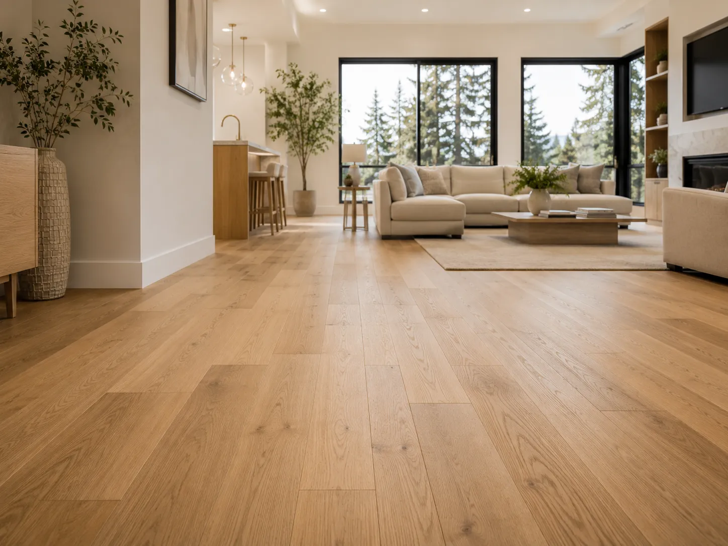 Flooring contractor Vancouver — wide-plank hardwood flooring installed in a living room by DELANA Interiors, since 1981