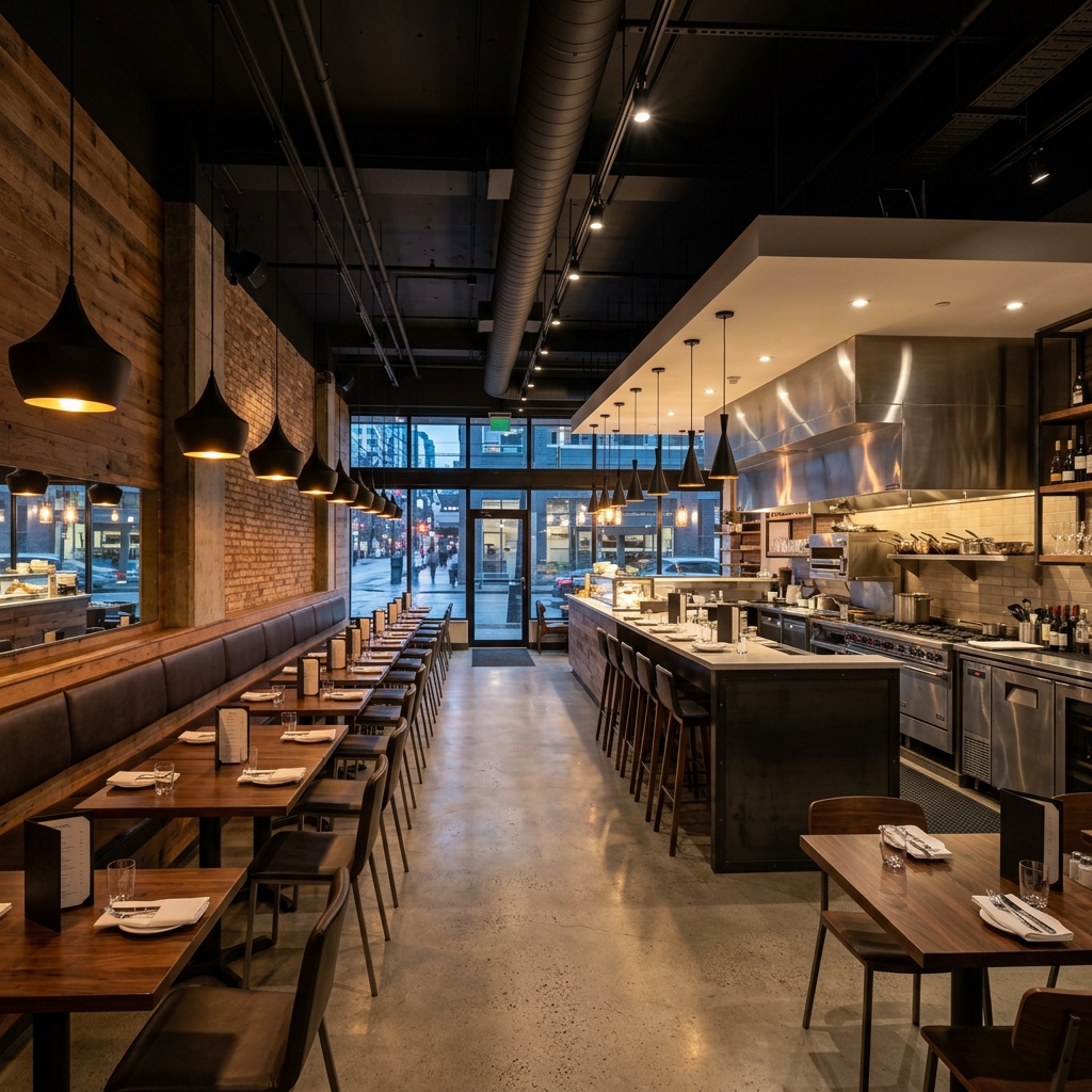 Restaurant build-out in Vancouver — commercial kitchen and dining area by DELANA Interiors