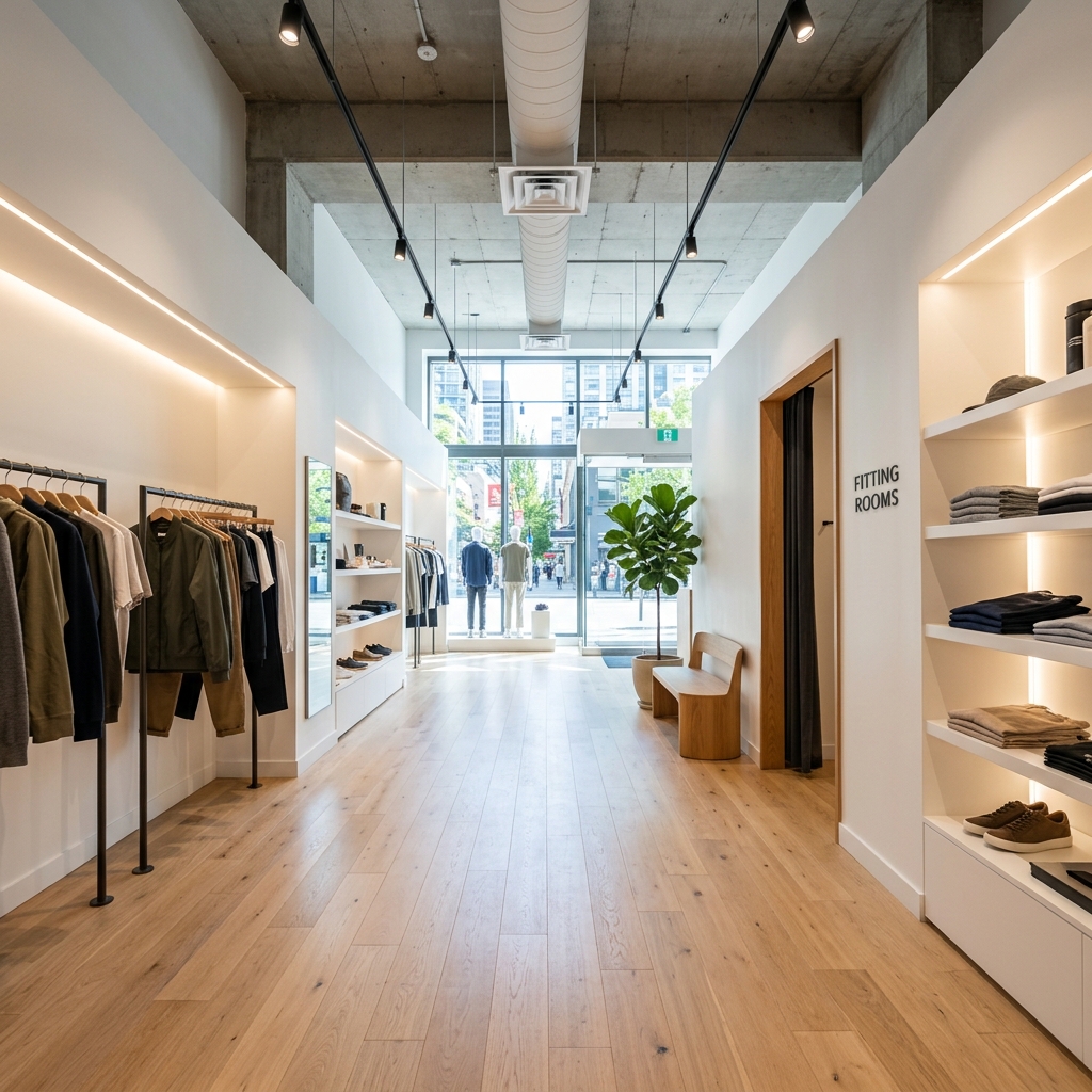 Retail store fit-out in Vancouver — modern display walls and feature lighting by DELANA Interiors