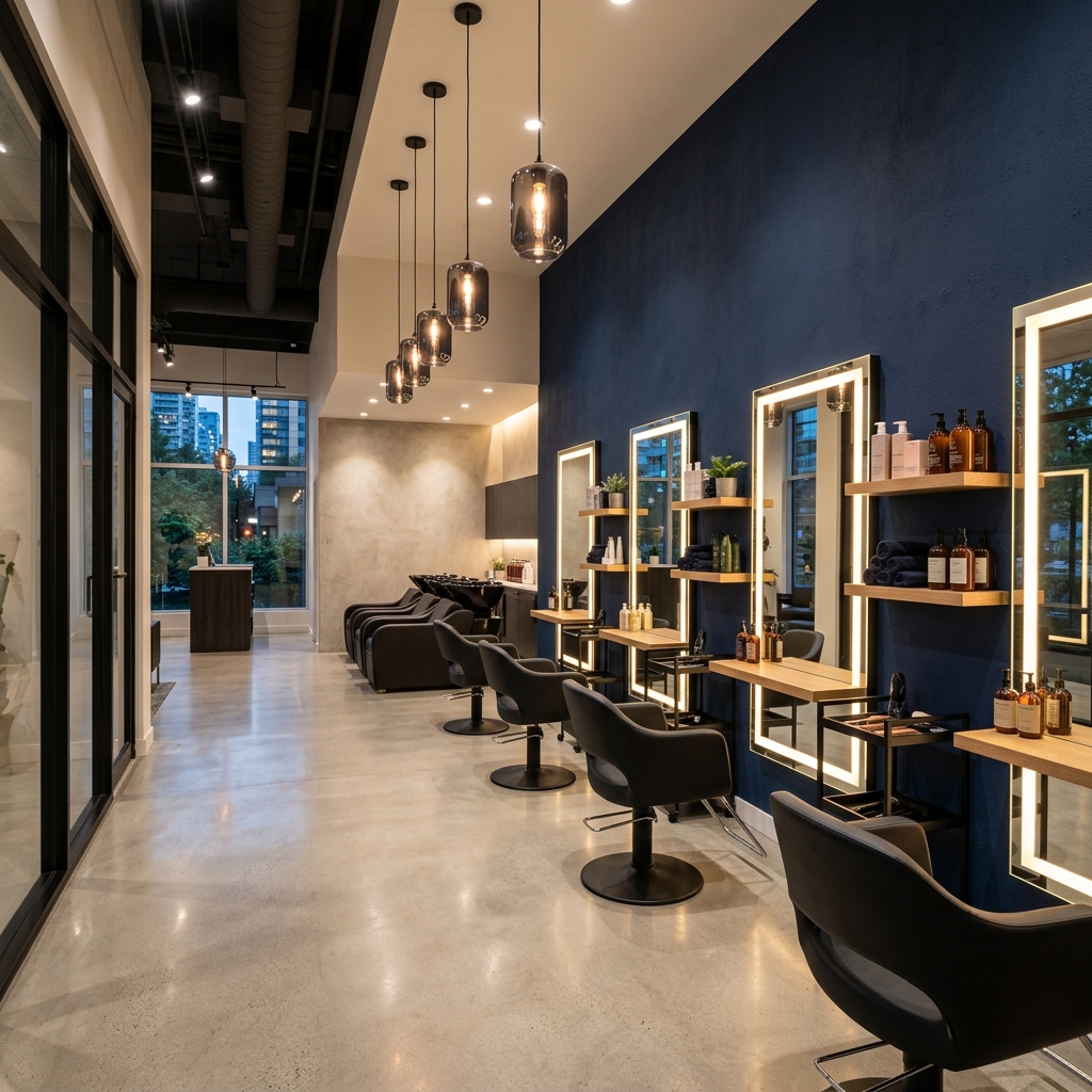 Salon interior renovation in Vancouver — styling stations and wash area by DELANA Interiors