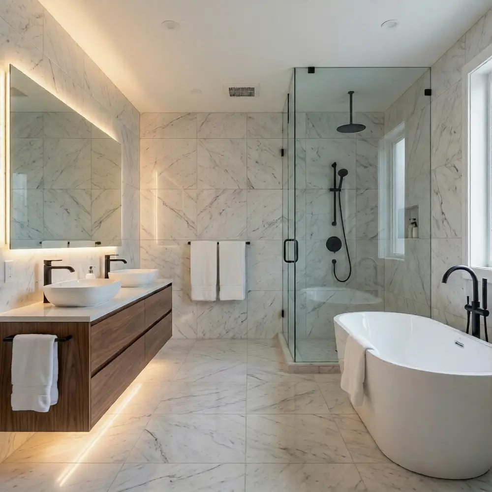 Luxury bathroom renovation with freestanding tub Vancouver by DELANA Interiors