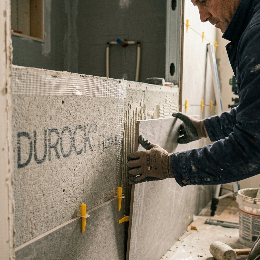 Tile installation during a bathroom renovation in Vancouver - labour is 40-50% of total project cost