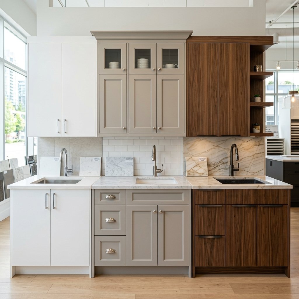 Three styles of kitchen cabinets in a Vancouver showroom — stock, semi-custom, and custom cabinetry