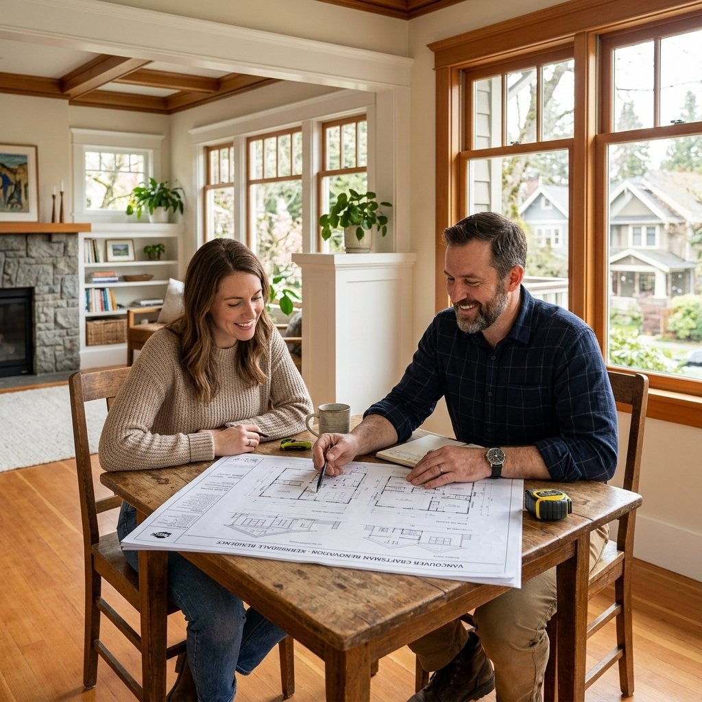 Licensed renovation contractor in Vancouver reviewing plans with a homeowner