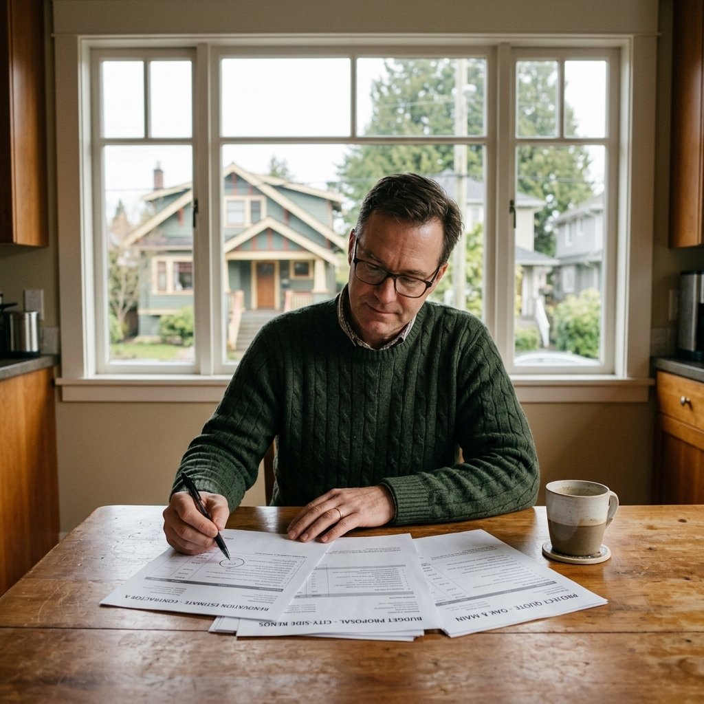 Homeowner reviewing renovation quotes in a Vancouver character home kitchen
